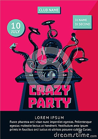 Music party poster with octopus dj and mixing console. Vector Illustration