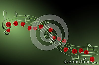 music pentagram with red roses and leaves Stock Photo