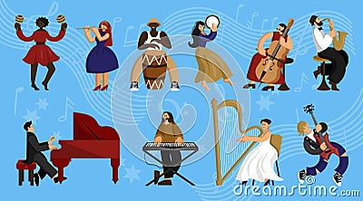 Music people. Doodle musician concert. Saxophone and jazz instruments. Men play drum and piano. Funny drawing. Women Stock Photo