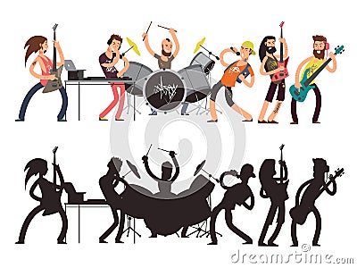 Music performance with young musicians. Rock concert vector flat concept. Set of cartoon characters and musician Vector Illustration