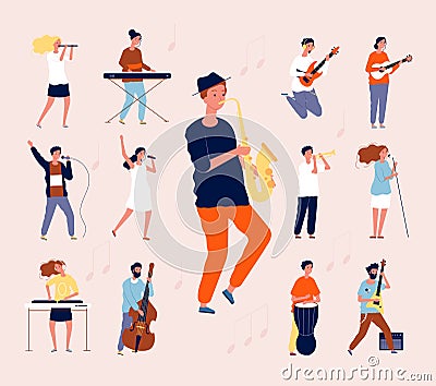 Music persons. Rock classical musical performing musicians singing and playing orchestra instruments guitar drum violin Vector Illustration