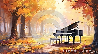 Music piano concept and nature. Surreal fall dreamscape forest and sunset and black grand piano Stock Photo