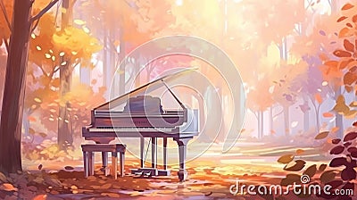 Music piano concept and nature. Surreal fall dreamscape forest and sunset and black grand piano Stock Photo