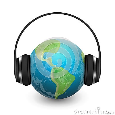 Music planet earth with headphones, vector realistic illustration Vector Illustration