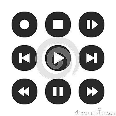 Music player buttons. Play icon, stop pause record and next song button vector icons set Vector Illustration