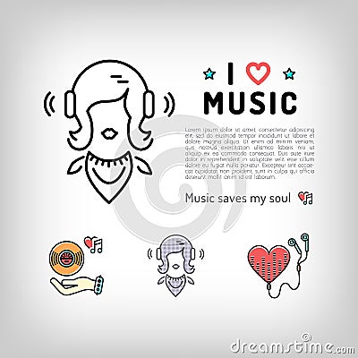 Music player icon, girl listening music in headphones, Vector illustration Vector Illustration