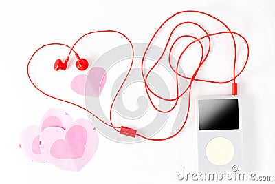 Music player with red earphone and paper note on white backgroun Stock Photo