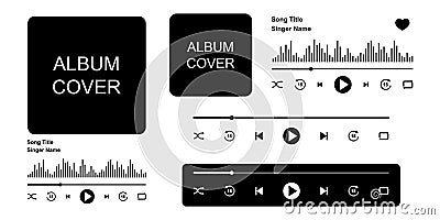 Music player screen with album cover window, buttons, progress loading bar and sound wave. Audioplayer or audiobook menu Vector Illustration