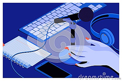 Music or podcast background with headphones, microphone, notebook,keyboard on table Vector Illustration