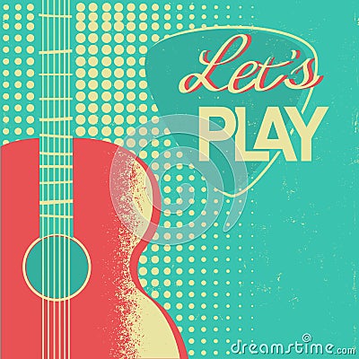 Music poster with acoustic guitar on old retro paper background Vector Illustration