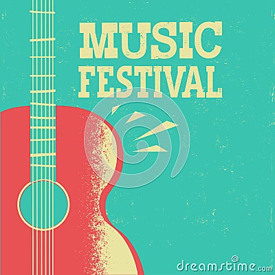 Music poster with acoustic guitar on old retro background with t Vector Illustration