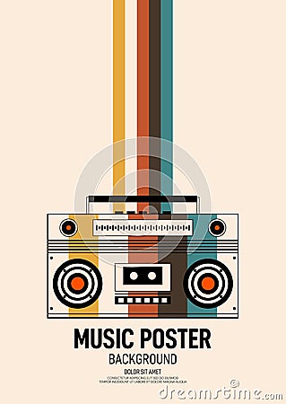 Music poster design template background decorative with retro portable boombox outline Vector Illustration