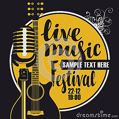 Music poster with microphone and acoustic guitar Vector Illustration