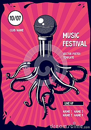 Music poster with octopus and microphone. Rap and rock party illustration. Vector Illustration