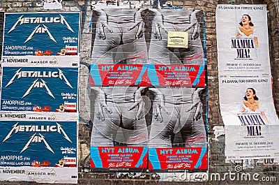 Music posters in Christiania, Copenhagen, Denmark Editorial Stock Photo