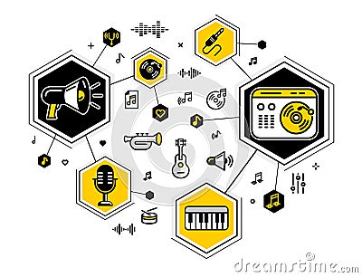 Music producing composing new track vector outline illustration, sound engineering in recording studio, composing creating audio Vector Illustration