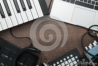 Top view of home studio music production equipment with copy space Stock Photo