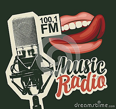 Music radio banner with microphone and girls lips Vector Illustration