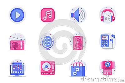 Music and radio station concept web flat color icons Vector Illustration