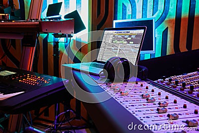 Music Record Studio Control Desk with Laptop Screen. Professional Equipment. Record. Stock Photo