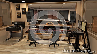 Music recording studio with sound mixer, instruments, speakers, and audio equipment, 3D render Stock Photo