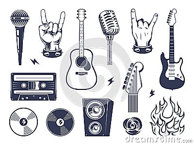 Music rock emblem. Guitar microphones wings headphones fire exact vector pictures collection set Cartoon Illustration