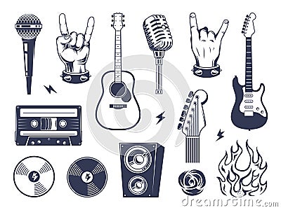 Music rock emblem. Guitar microphones wings headphones fire exact vector pictures collection set Vector Illustration