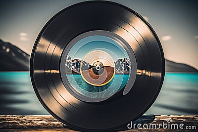 music round vinyl record on the background of blue water landscape Generative AI Stock Photo