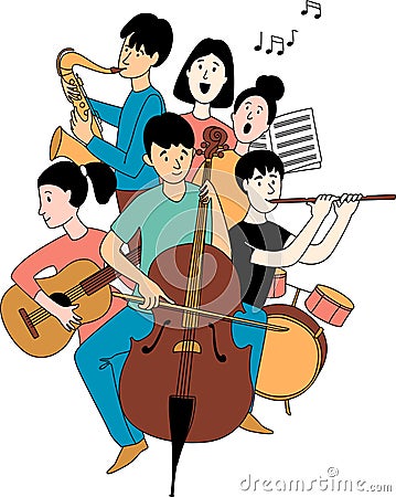 Music school orchestra concert students musical instruments doodles line poster Vector Illustration