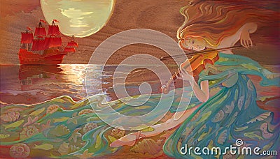 Music of the sea. Oil painting on wood. Illustration of beautiful girl dancing with the violin and dreaming about fairyland red Stock Photo