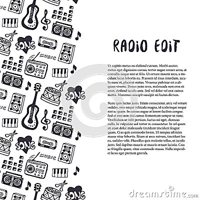 Music seamless border with musical instruments and hand drown sound stuff. Template for flyer, banner, poster, brochure, cover Vector Illustration