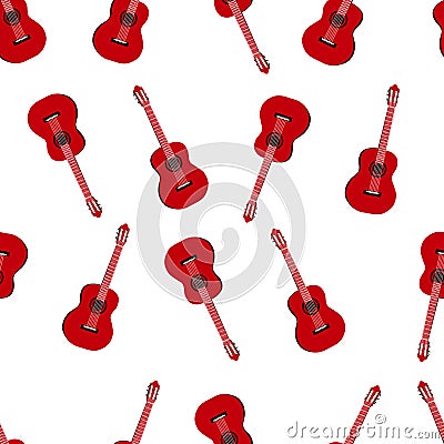 Music seamless pattern with red classic guitars vector illustration Vector Illustration