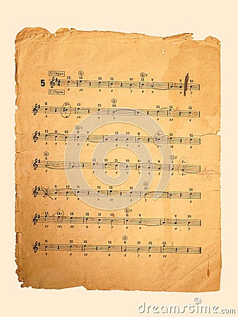 Music sheet background, old vintage paper texture, retro musical staff page Stock Photo