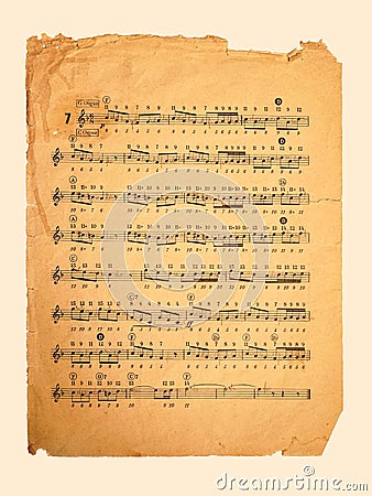 Music sheet background, old vintage paper texture, retro musical staff page Stock Photo