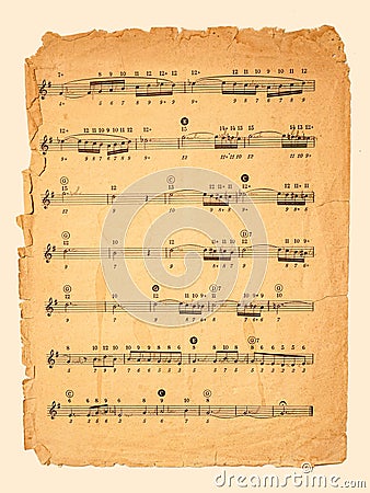 Music sheet background, old vintage paper texture, retro musical staff page Stock Photo