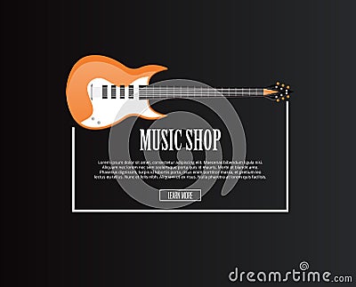 Music shop banner with orange acoustic guitar Vector Illustration