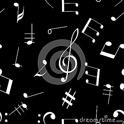 Music signs. Seamless pattern. White notes and symbols on black background Vector Illustration