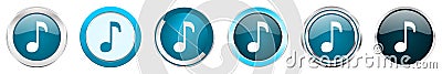 Music silver metallic chrome border icons in 6 options, set of web blue round buttons isolated on white background Stock Photo