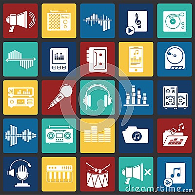 Music and sound icons set on color squares background for graphic and web design, Modern simple vector sign. Internet concept. Vector Illustration