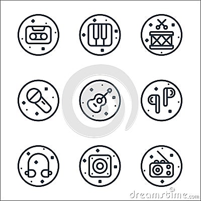 Music and sound line icons. linear set. quality vector line set such as radio, speaker, headphone, earphone, guitar, microphone, Vector Illustration