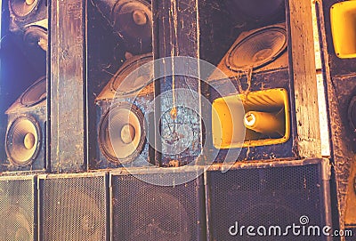 Music sound speakers hanging on the wall in monochrome vintage style Stock Photo
