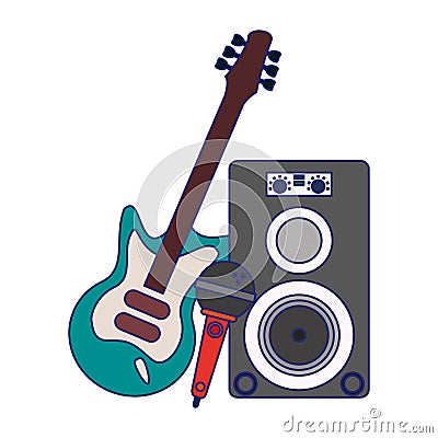 Music speaker microphone and electric guitar blue lines Vector Illustration