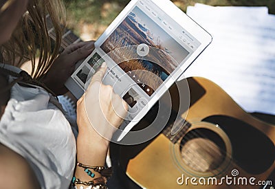 Music Steaming Multimedia Listening Digital Tablet Technology Co Stock Photo