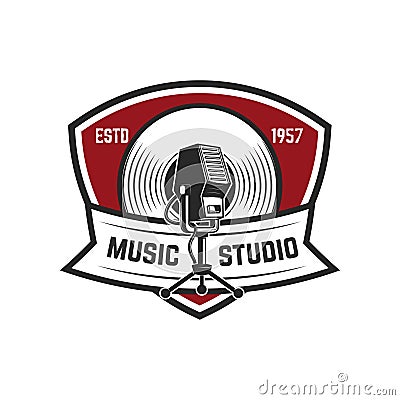 Music studio. Emblem template with retro microphone. Design element for logo, label, emblem, sign. Vector Illustration