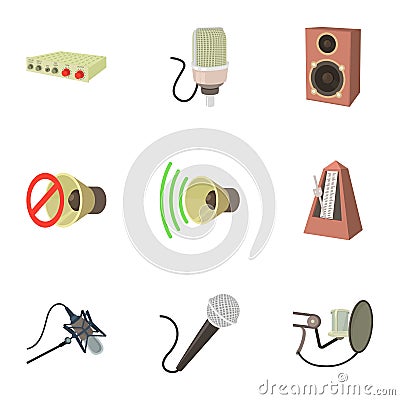 Music studio equipment icons set, cartoon style Vector Illustration