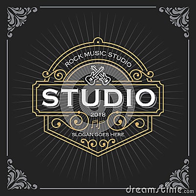 Music studio logo. Vintage Luxury Banner Template Design for Label, Frame, Product Tags. Retro Emblem Design Vector Illustration