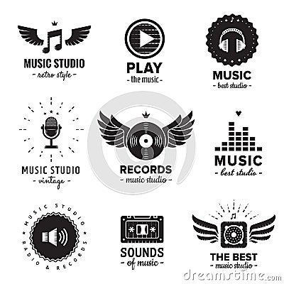 Music studio and radio logos vintage vector set. Hipster and retro style. Vector Illustration