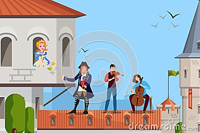 Music style, man with musicians sing serenade for girl, vector illustration. Classical old composition, play music for Vector Illustration