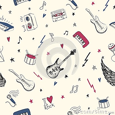 Music symbols. Seamless pattern. rock music background textures, musical hand drawn doodle style. Vector Illustration