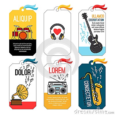 Music tags or musical labels or banners with guitar and drums, saxophone and headphones Vector Illustration